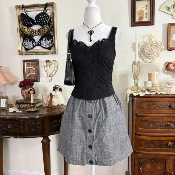 girly grunge dark academia gray button down mini skirt w pockets - Picture 2 of 5